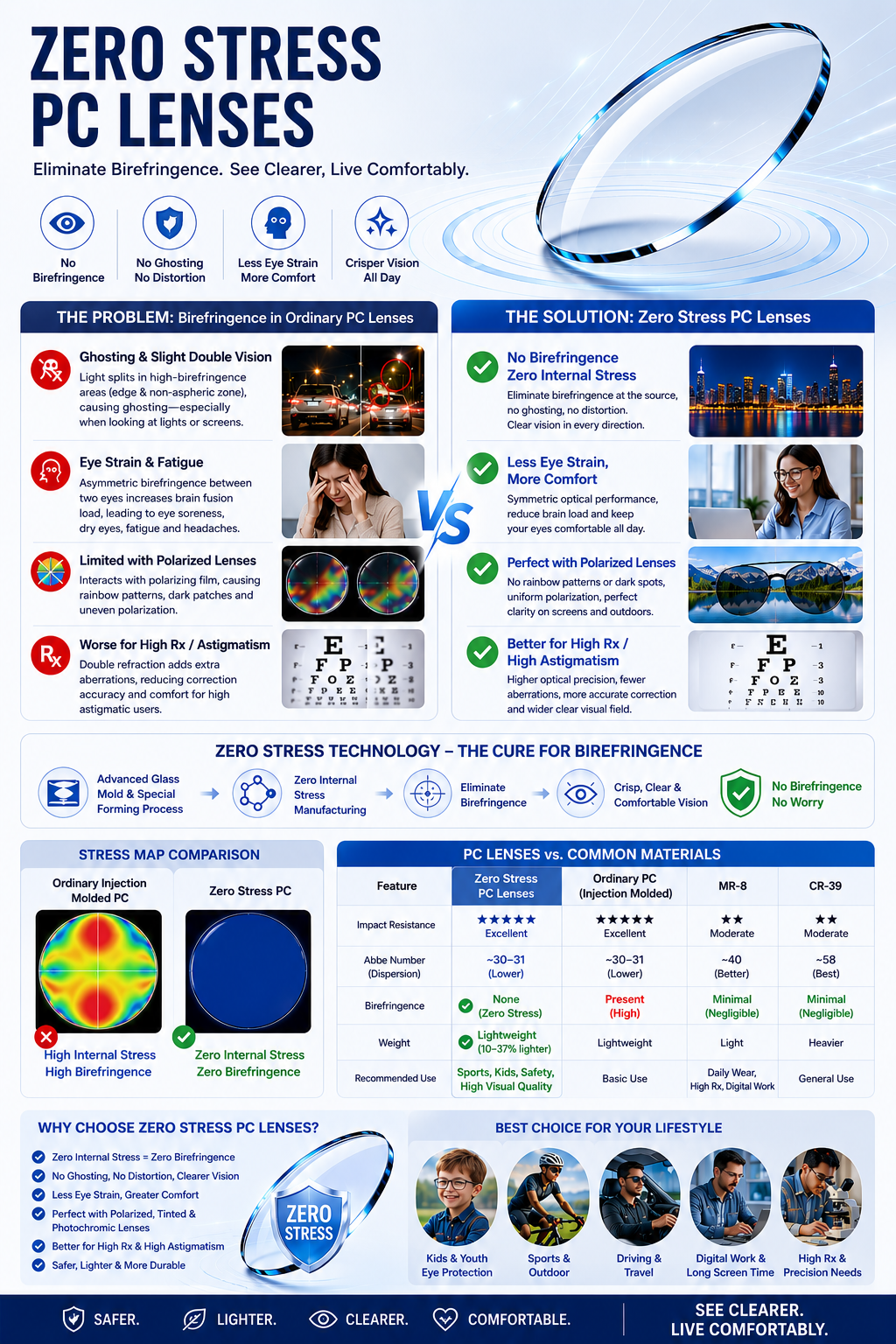 Zero Stress PC lens technology infographic